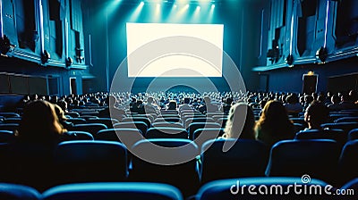Cinema blank screen and people in blue chairs in the cinema hall. Blurred People silhouettes watching movie performance Stock Photo