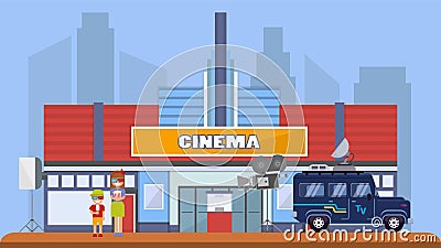 Cinema building in city background, street shooting TV show, flat vector illustration. Television show car, tv camera. Vector Illustration