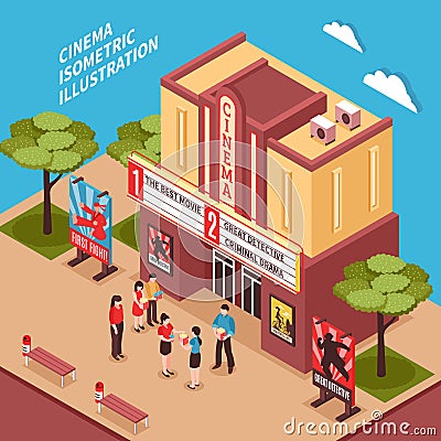 Cinema Building Isometric Composition Vector Illustration