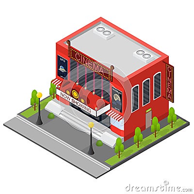 Cinema Building Isometric View. Vector Vector Illustration