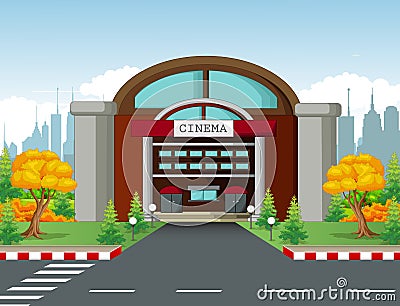 Cinema Building With Town Background Vector Illustration