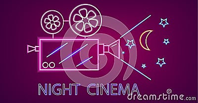 Cinema camera neon symbols Vector. Glowing sign dark background. Shinning billboard templates Vector Illustration