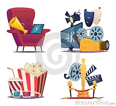 Cinema cartoon. Entertainment conceptual collections with symbols of cinema and theatre megaphone masks popcorn glasses Vector Illustration