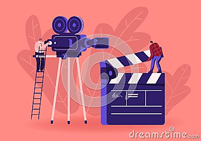 Cinema and Cinematography Industry Concept with Moviemakers and Videocamera. Operator Shooting Scene on Camcorder Vector Illustration