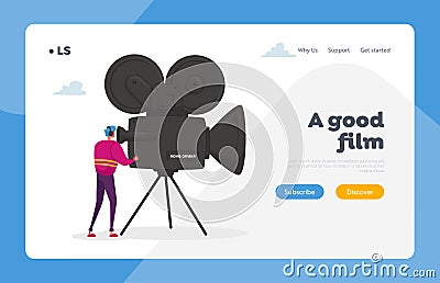 Cinema and Cinematography Industry with Moviemaker and Videocamera Landing Page Template Vector Illustration