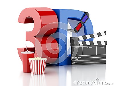 Cinema clapper, popcorn, drink and 3d glasses. 3d illustration Stock Photo