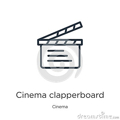 Cinema clapperboard icon. Thin linear cinema clapperboard outline icon isolated on white background from cinema collection. Line Vector Illustration