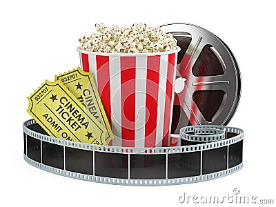 Cinema concept: Film reel, popcorn, cinema tickets isolated white background Stock Photo