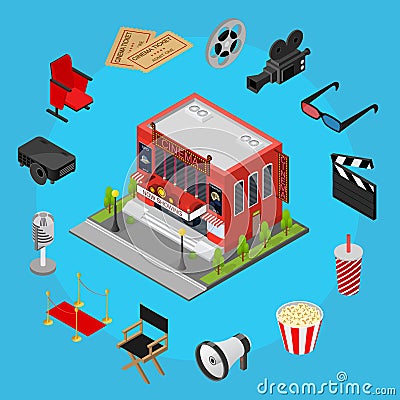 Cinema Concept Isometric View. Vector Vector Illustration