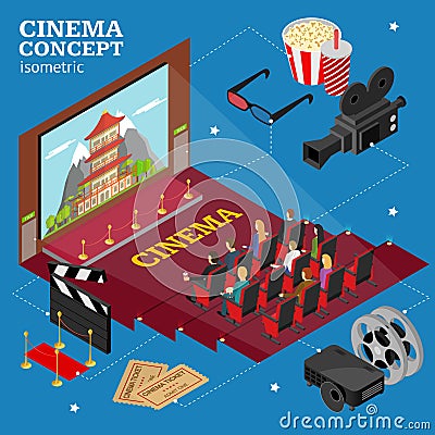 Cinema Concept Movie Interior Auditorium Isometric View. Vector Vector Illustration