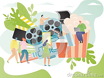 Cinema concept, tiny people cartoon characters, movie media industry symbols, vector illustration Vector Illustration