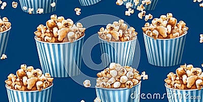 cinema entertainment snack corn blue popcorn white movie box food background. Generative AI. Stock Photo