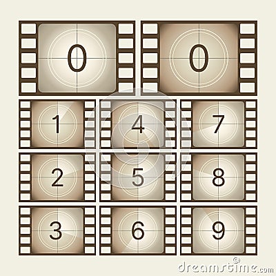 Cinema countdown. Retro movie scratch tape with numbers screen frames sequence film animation effect garish vector Vector Illustration