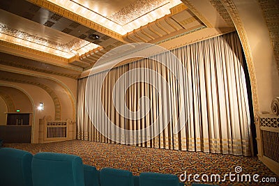 Cinema curtain interior before premiere screening Editorial Stock Photo