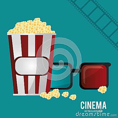 Cinema 3d glasses pop corn and filmstrip Vector Illustration