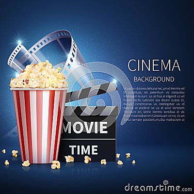 Cinema 3d movie vector background with popcorn and vintage film. Retro cinema poster Vector Illustration