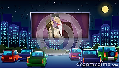 Cinema drive. Car movie theater. Auto night scene with video screen. Romantic film. Outdoor theatre. Outside love show Vector Illustration