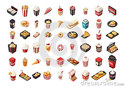 Cinema fastfood isometric vector set. Movie watching junk meals Ice cream popcorn burger soda meat rings coffee mousse Vector Illustration