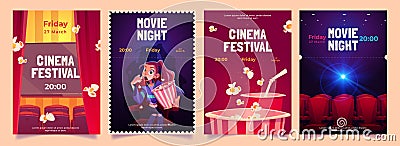 Cinema festival, movie night cartoon flyers set Vector Illustration