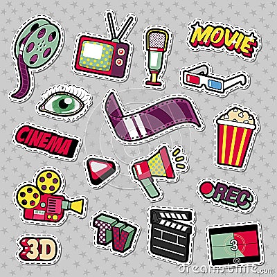 Cinema Film Television Patches, Badges, Stickers set with Camera, TV, Tape Vector Illustration