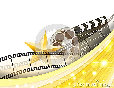 Cinema golden border background with retro filmstrip, clapper and star Vector Illustration