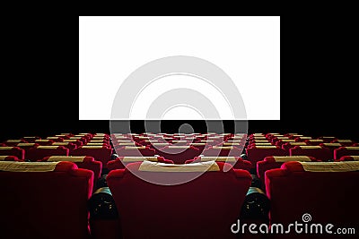 Cinema hall with red seat and wide white screen Stock Photo