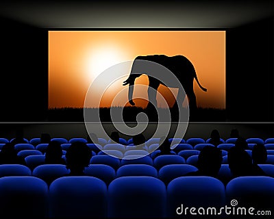 Cinema hall with rows of seats and screen with movie Cartoon Illustration