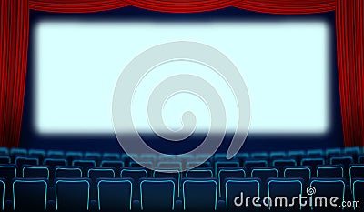 Cinema hall with white blank screen, chairs and red curtain. Realistic blue chairs movie theater seats facing a screen Vector Illustration