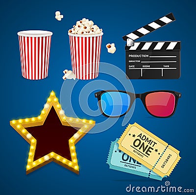 Cinema Icon Realistic Objects Set. Vector Vector Illustration