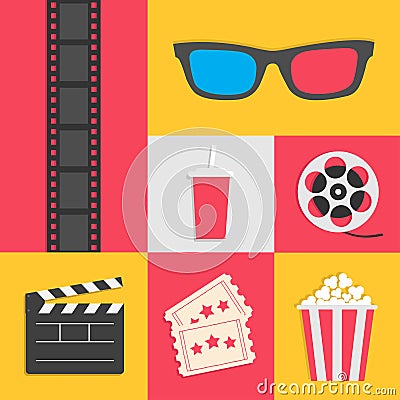 Cinema icon set. Movie reel Open clapper board Popcorn box package Ticket Admit one three stars. Soda glass straw, film strip, 3d Vector Illustration