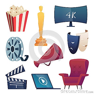 Cinema icons. Entertainment cartoon symbols 3d glasses snacks camera popcorn megaphone comedy masks clapper vector Vector Illustration