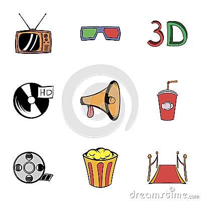 Cinema icons set, cartoon style Vector Illustration