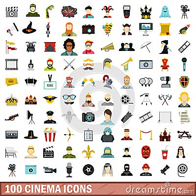 100 cinema icons set, flat style Vector Illustration