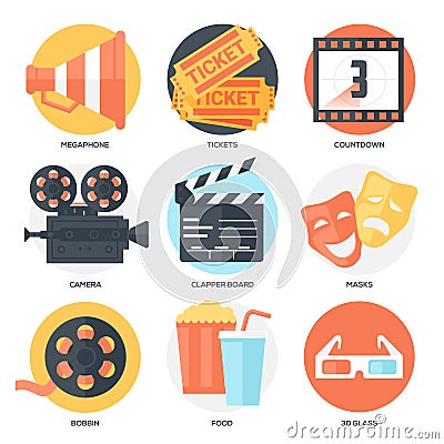 Cinema Icons Set (Megaphone, Tickets, Countdown, Camera, Clapper Board, Masks, Bobbin, Popcorn and Drink, 3D Glass). Vector Illustration