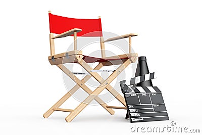 Cinema Industry Concept. Red Director Chair, Movie Clapper and M Stock Photo