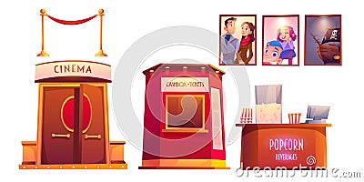 Cinema interior with cashbox and popcorn shop Vector Illustration