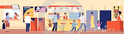 Cinema interior. Theater cafeteria, movie audience in hall. People in waiting room buy tickets pop corn or snack in bar Vector Illustration