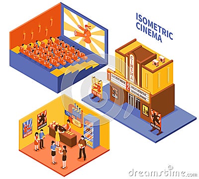 Cinema Isometric Compositions Set Vector Illustration