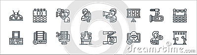 cinema line icons. linear set. quality vector line set such as studio, d movie, director chair, cinema tickets, video camera, Vector Illustration