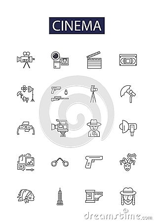 Cinema line vector icons and signs. Film, Theater, Theater-goer, Video, Reel, Projector, Blockbuster, Actors outline Vector Illustration