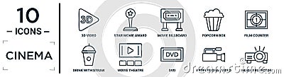 cinema linear icon set. includes thin line 3d video, movie billboard, film counter, movie theatre, proffesional video camera, Vector Illustration