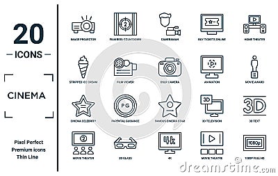 cinema linear icon set. includes thin line image projector, stripped ice cream cone, cinema celebrity, movie theater, 1080p full Vector Illustration
