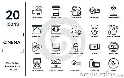 cinema linear icon set. includes thin line movie camera, theatre screen, 3d video, people watching a movie, hd dvd, actress, Vector Illustration