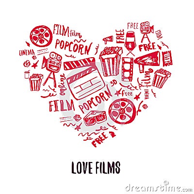 Cinema Love Banner with doodle hand-drawn items with attributes of film industry. Cinematography design items: camera Vector Illustration