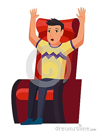 Cinema. Man sitting in chair at movie theater auditorium. Young male watching film or motion picture. Viewer or Cartoon Illustration