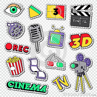 Cinema and Movie Doodle. Film Entertainment Stickers, Patches and Badges Vector Illustration