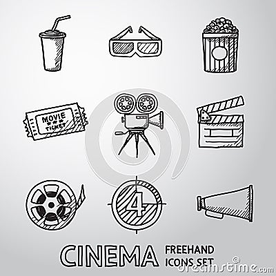 Cinema, movie freehand icons set. Vector Vector Illustration