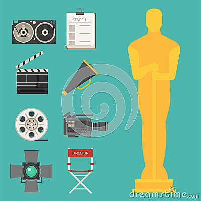 Cinema movie making tv show tools equipment symbols icons vector cinematography illustration. Vector Illustration