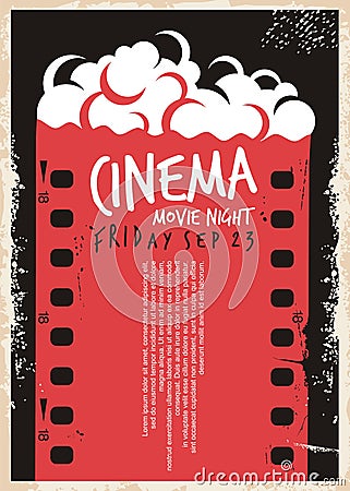 Cinema movie poster with film strip and pop corn Vector Illustration