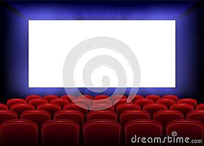 Cinema movie premiere poster design with empty white screen. Realistic cinema hall interior with red seats. Vector Vector Illustration